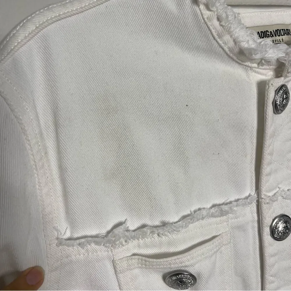 $398 Zadig & Voltaire Kaely Destroy Denim Jacket in White NWT small